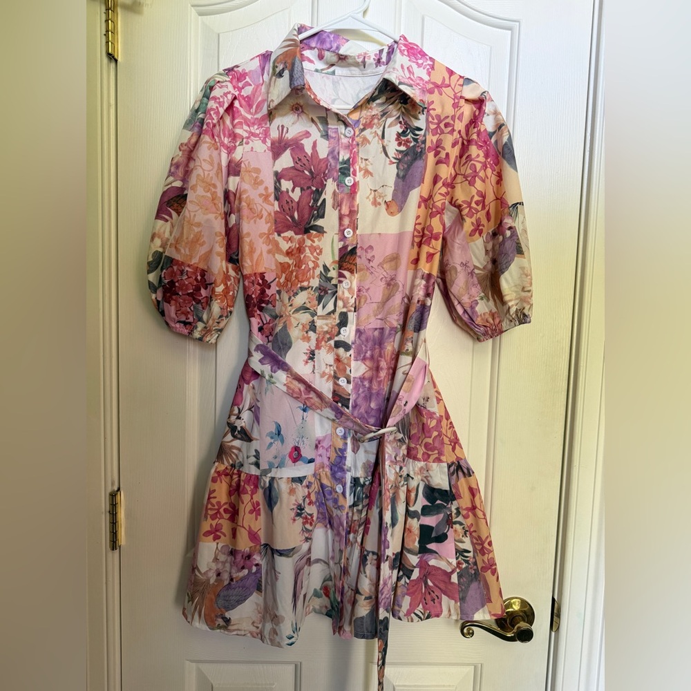 Floral Button-Front Belted Mini Dress in Pink and Cream